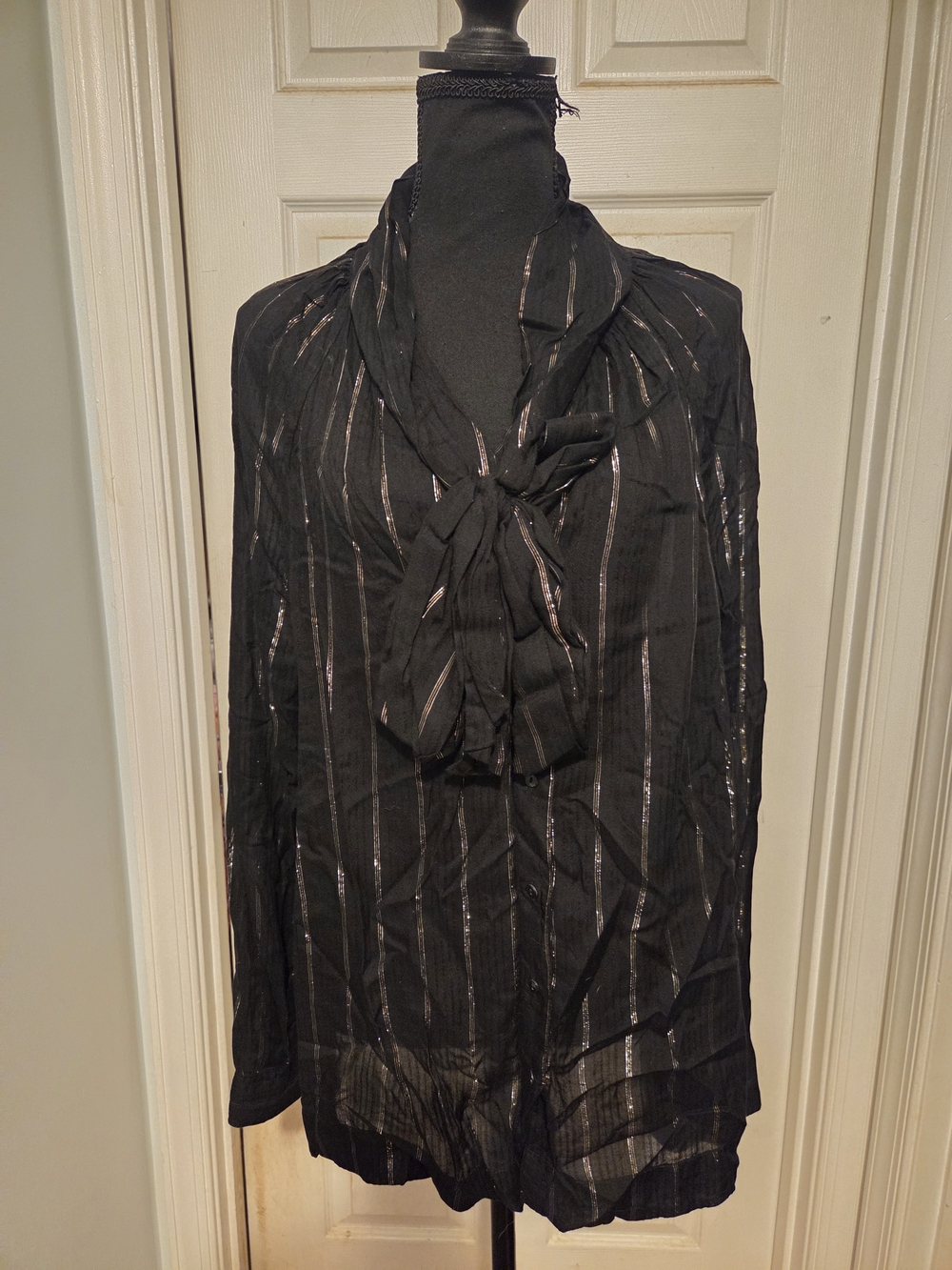 Universal Thread Black Blouse with Metallic Pinstripes and Tie Neck